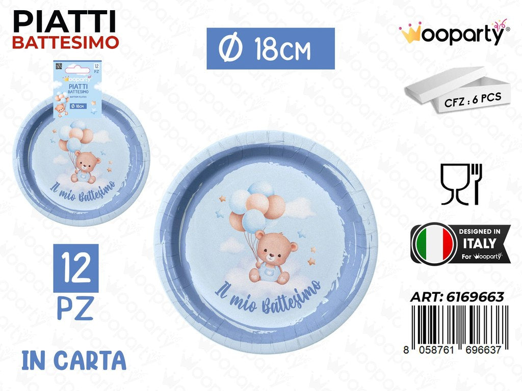 PIATTI CARTA BATTESIMO BOY 18CM 12PCS /PZ DA 12**