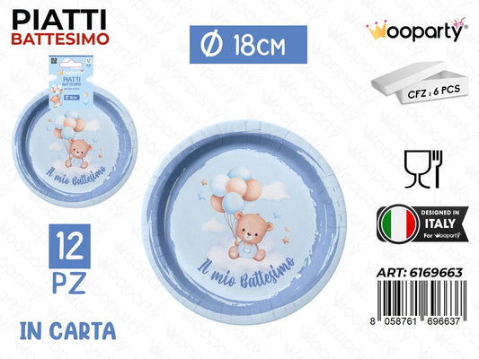 PIATTI CARTA BATTESIMO BOY 18CM 12PCS /PZ DA 12**
