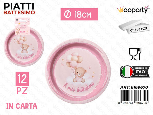PIATTI CARTA BATTESIMO GIRL 18CM 12PCS /PZ DA 12**