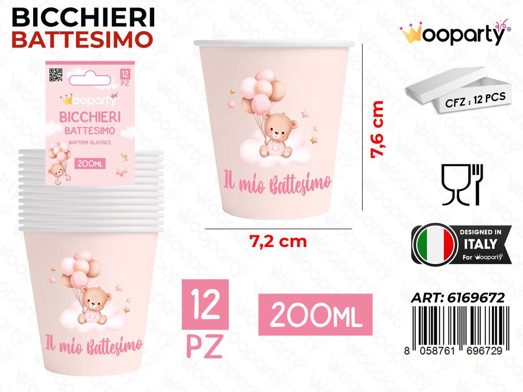 BICCHIERI CARTA BATTESIMO GIRL 200ML 12PCS /PZ DA 12**