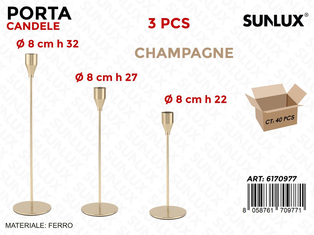 Sunlux Porta Candele Ferro Champagne 3PCS Ass.