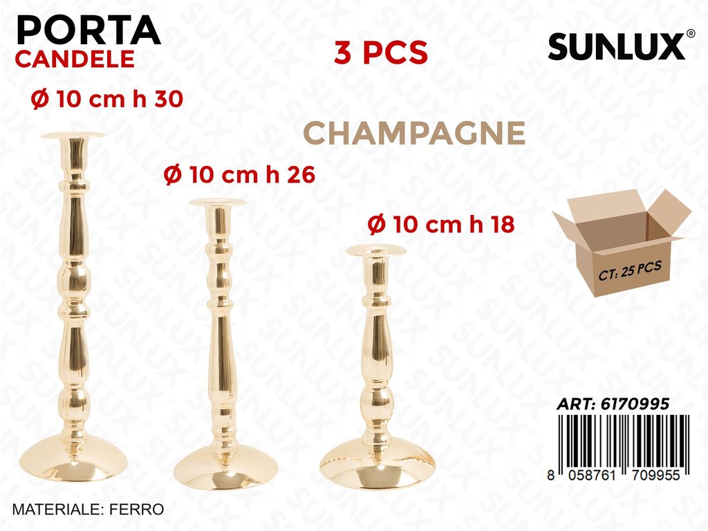 Sunlux Porta Candele Ferro Champagne 3PCS Ass.