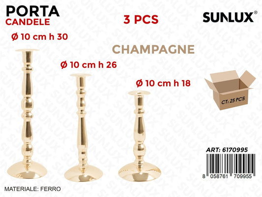 Sunlux Porta Candele Ferro Champagne 3PCS Ass.