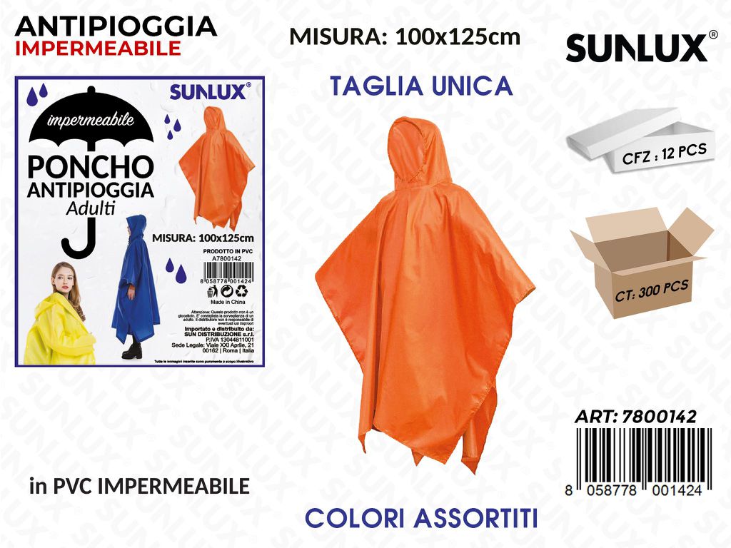 Poncho Antipioggia Adulti Pvc 100*125 Cm