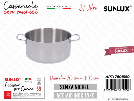 Casseruola Fonda c/ Manici Inox 20*10CM 3.1LT