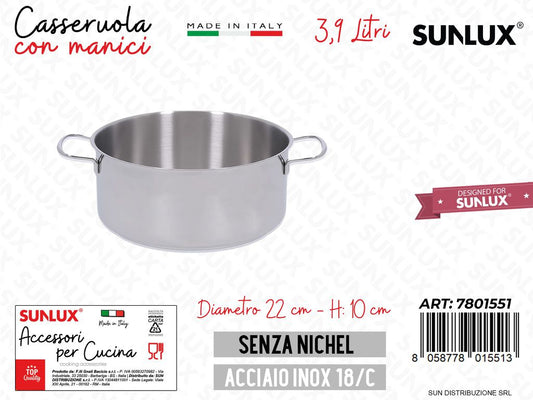 Casseruola Fonda c/ Manici Inox 22*10CM 3.9LT