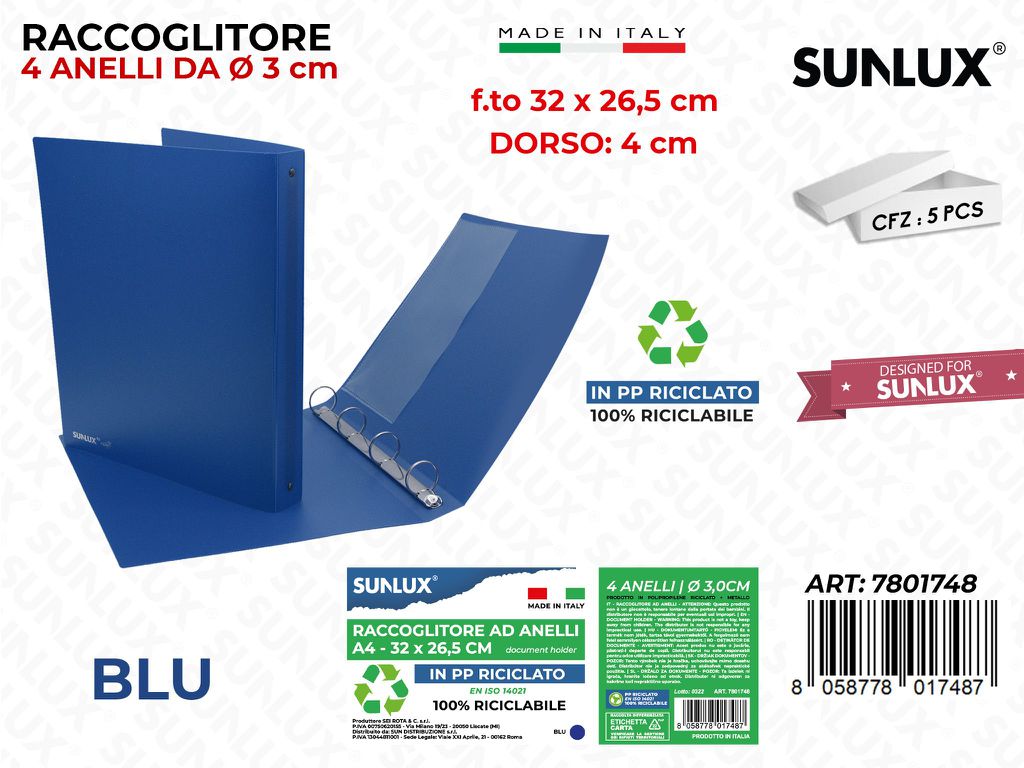 Raccoglitore Ad Anelli Blu F.to D.4*32*26.5CM