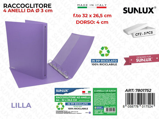 Raccoglitore Ad Anelli Lilla F.to D.4*32*26.5CM