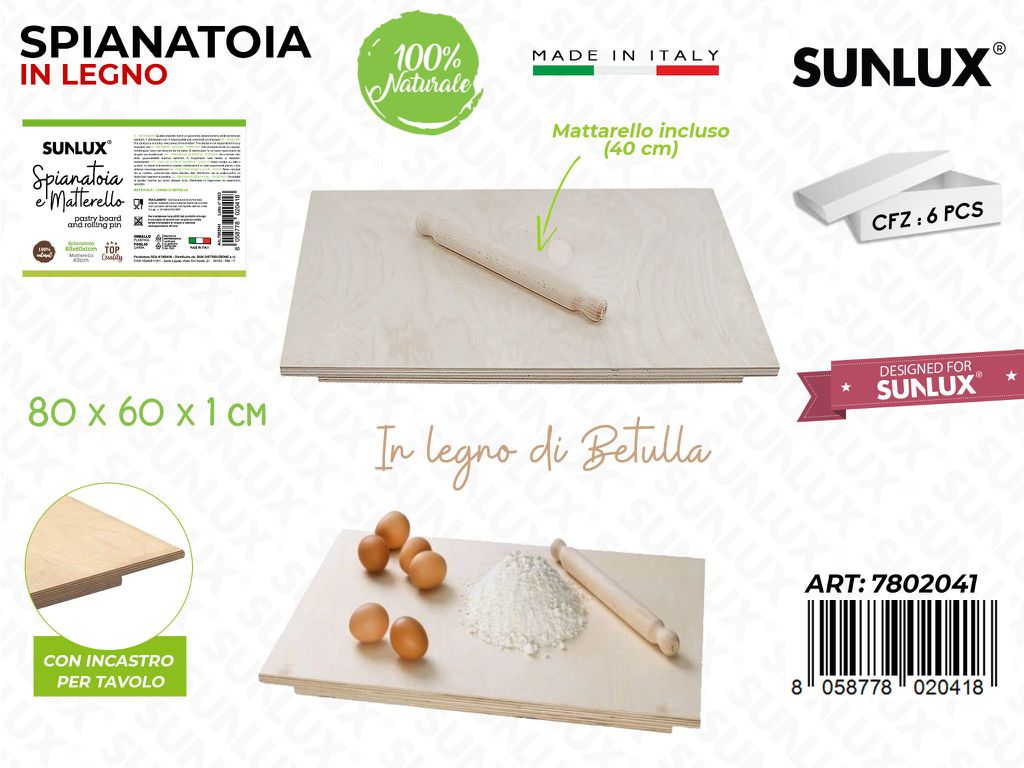 Spianatoia c/ Mattarello Legno Betulla 80*60*1CM