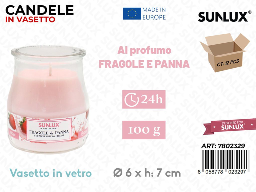 CANDELE IN VASETTO FRAGOLE E PANNA 100GR 24H 6*7CM /PZ DA 12**
