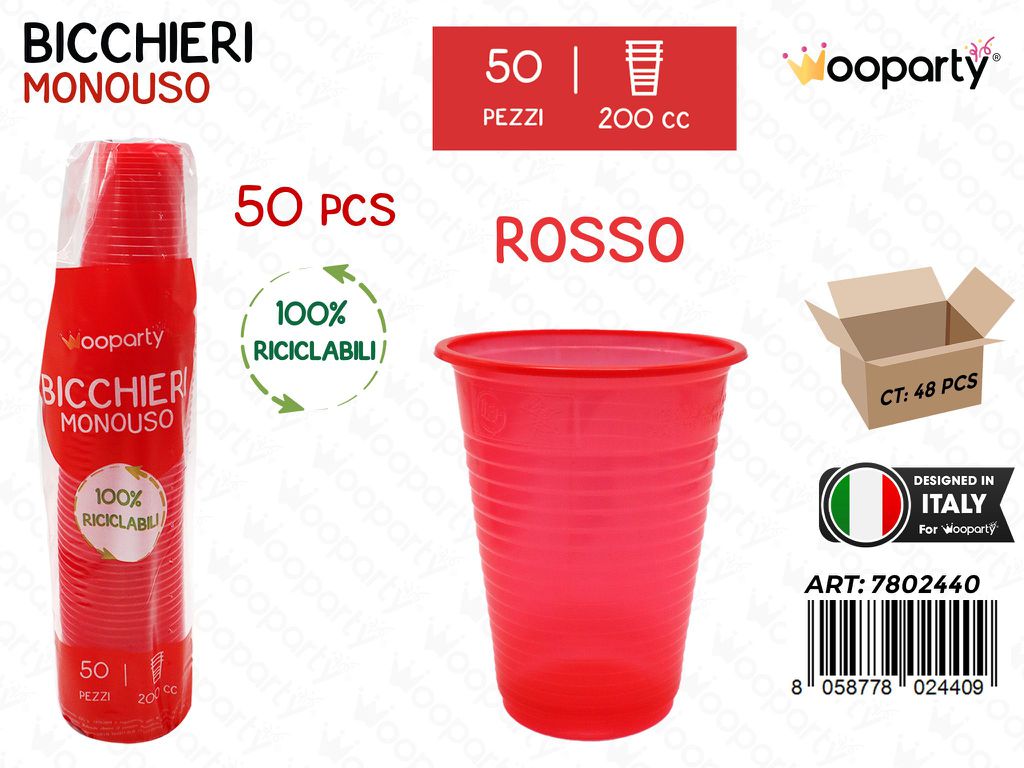 BICCHIERI MONOUSO ROSSO 50PCS 200CC