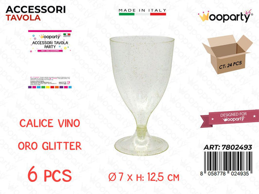 Calice Vino Oro Glitter Trasp. Plast. 6PCS 7*12.5CM