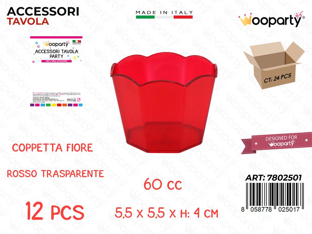 Coppetta Fiore Rosso Plast. 12PCS 60CC 5.5*5.5*4CM