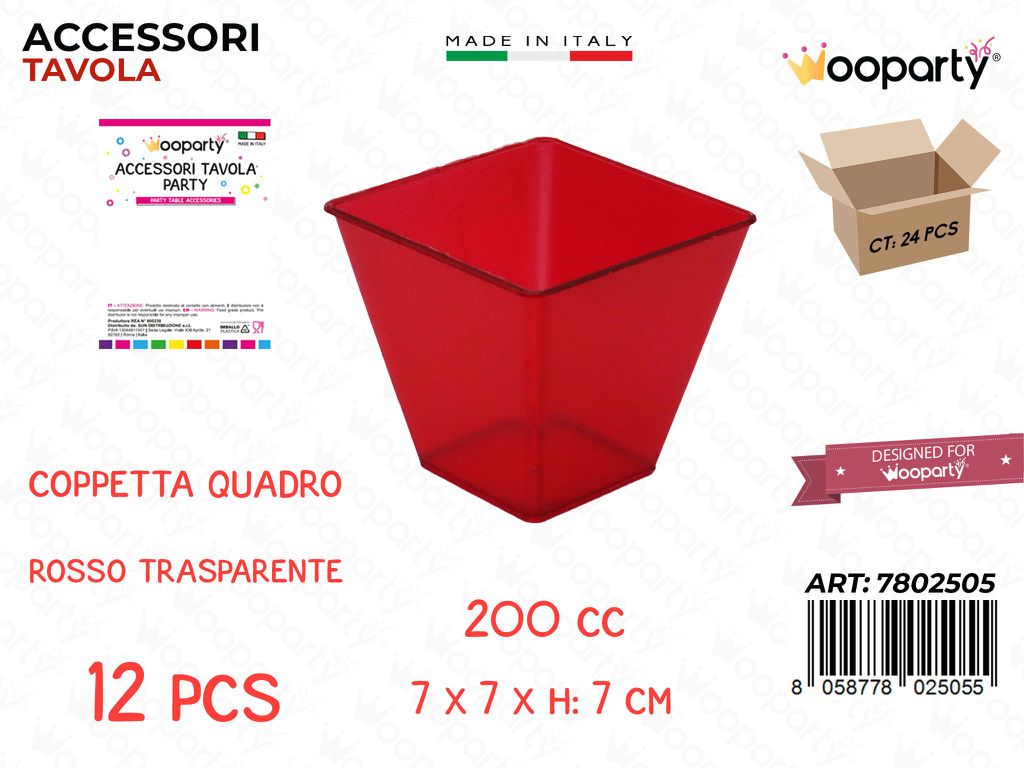 Coppetta Quadro Rosso Plast. 12PCS 200CC 7*7*7CM