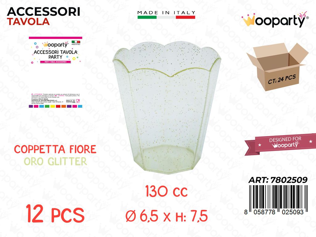 Coppetta Fiore Oro Glit. Plast. 12PCS 130CC 6.5*7.5CM