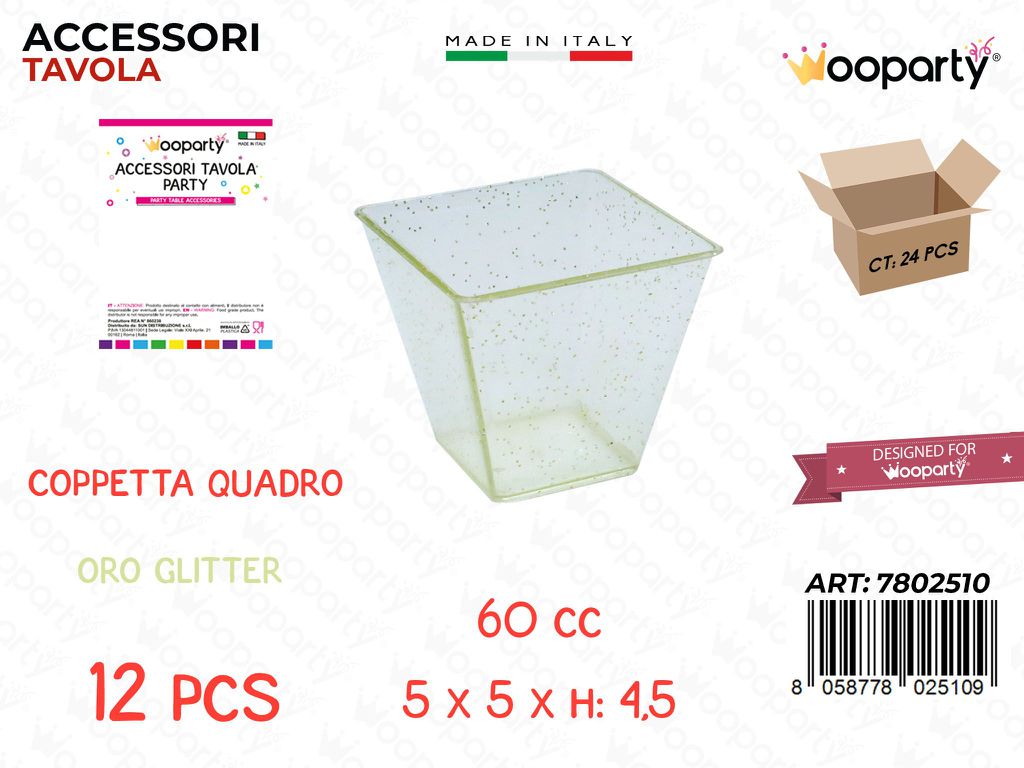 Coppetta Quadro Oro Glit. Plast. 12PCS 60CC 5*5*4.5CM