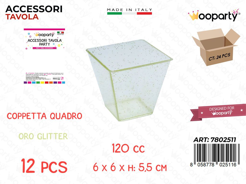 Coppetta Quadro Oro Glit. Plast. 12PCS 120CC 6*6*5.5CM