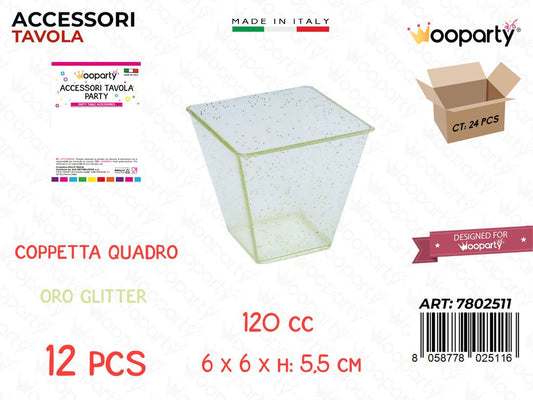 Coppetta Quadro Oro Glit. Plast. 12PCS 120CC 6*6*5.5CM