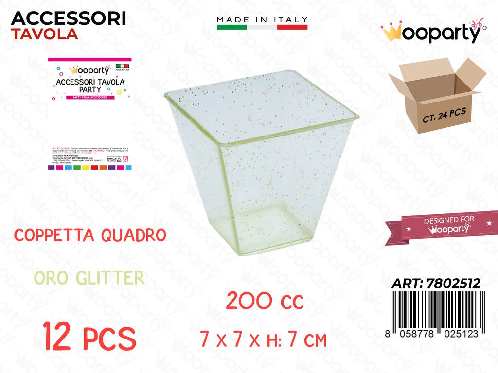 COPPETTA QUADRO ORO GLIT. PLAST. 12PCS 200CC 7*7*7CM
