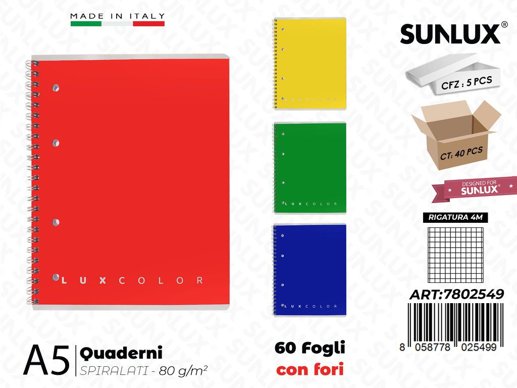 4M Luxcolor Quaderni A5 Spiral. 60FF c/ Fori 80GR