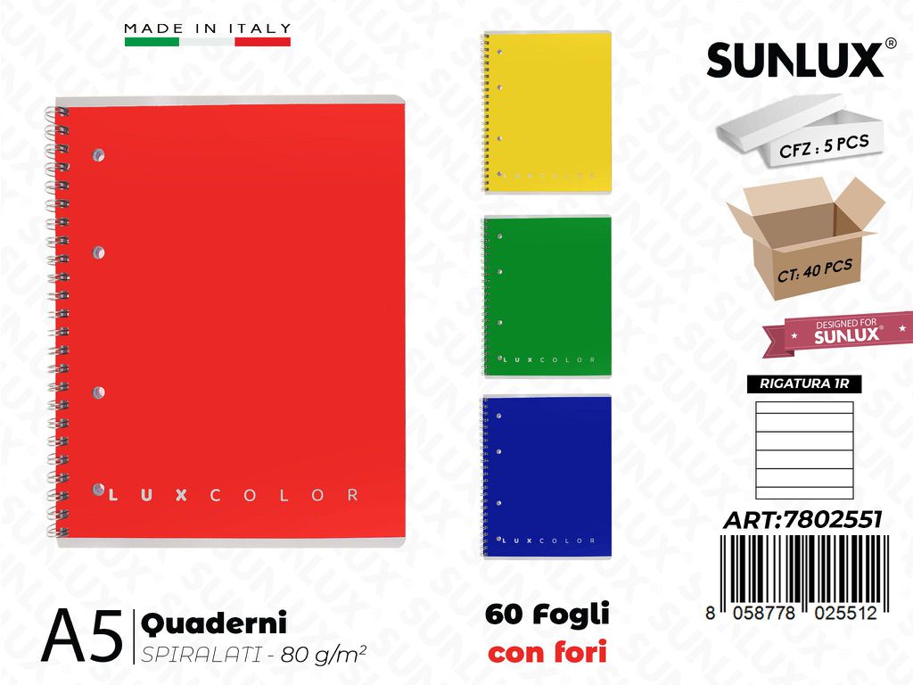 1R Luxcolor Quaderni A5 Spiral. 60FF c/ Fori 80GR