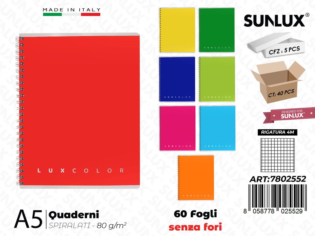 4M Luxcolor Quaderni A5 Spiral. 60FF 80GR