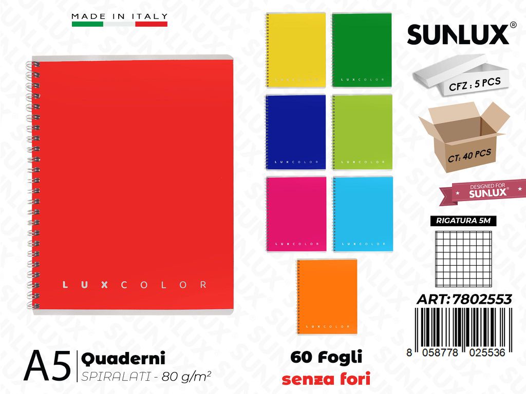 5M Luxcolor Quaderni A5 Spiral. 60FF 80GR