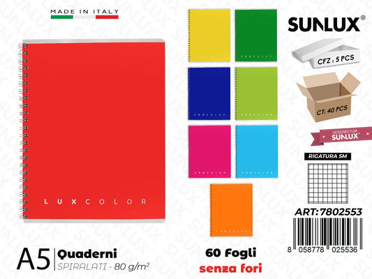 5M Luxcolor Quaderni A5 Spiral. 60FF 80GR