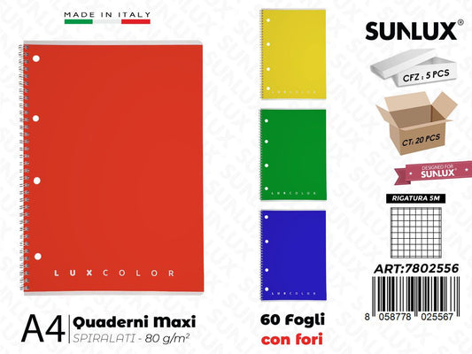 5M Luxcolor Maxiquaderni A4 Spiral. 60FF 80GR