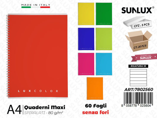 1R Luxcolor Maxiquaderni A4 Spiral. 60FF 80GR