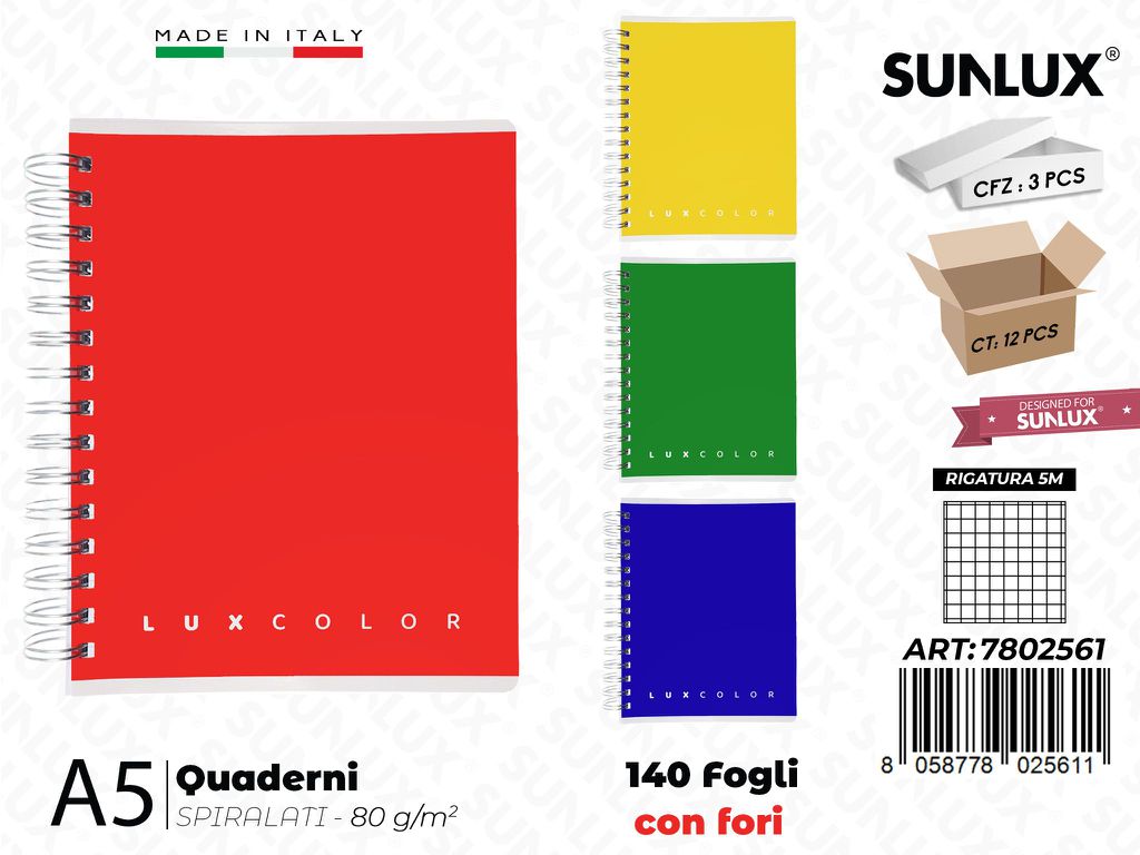 5M Luxcolor Quaderni A5 Spiral. 140FF c/Fori 80GR