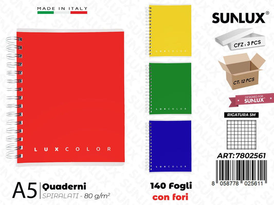 5M Luxcolor Quaderni A5 Spiral. 140FF c/Fori 80GR