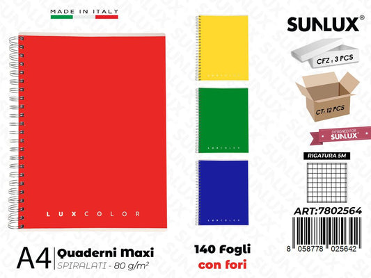 5M Luxcolor Maxiquaderni A4 Spiral. 140FF c/Fori 80GR