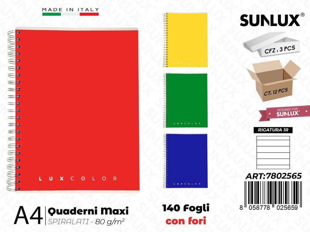 1R Luxcolor Maxiquaderni A4 Spiral. 140FF c/Fori 80GR