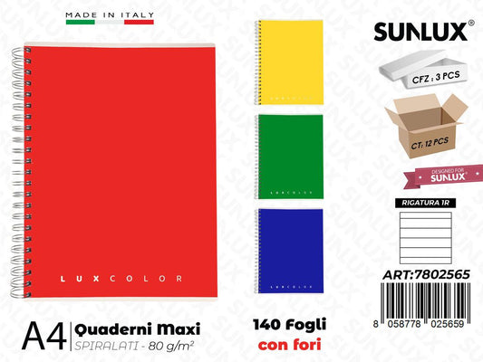 1R Luxcolor Maxiquaderni A4 Spiral. 140FF c/Fori 80GR