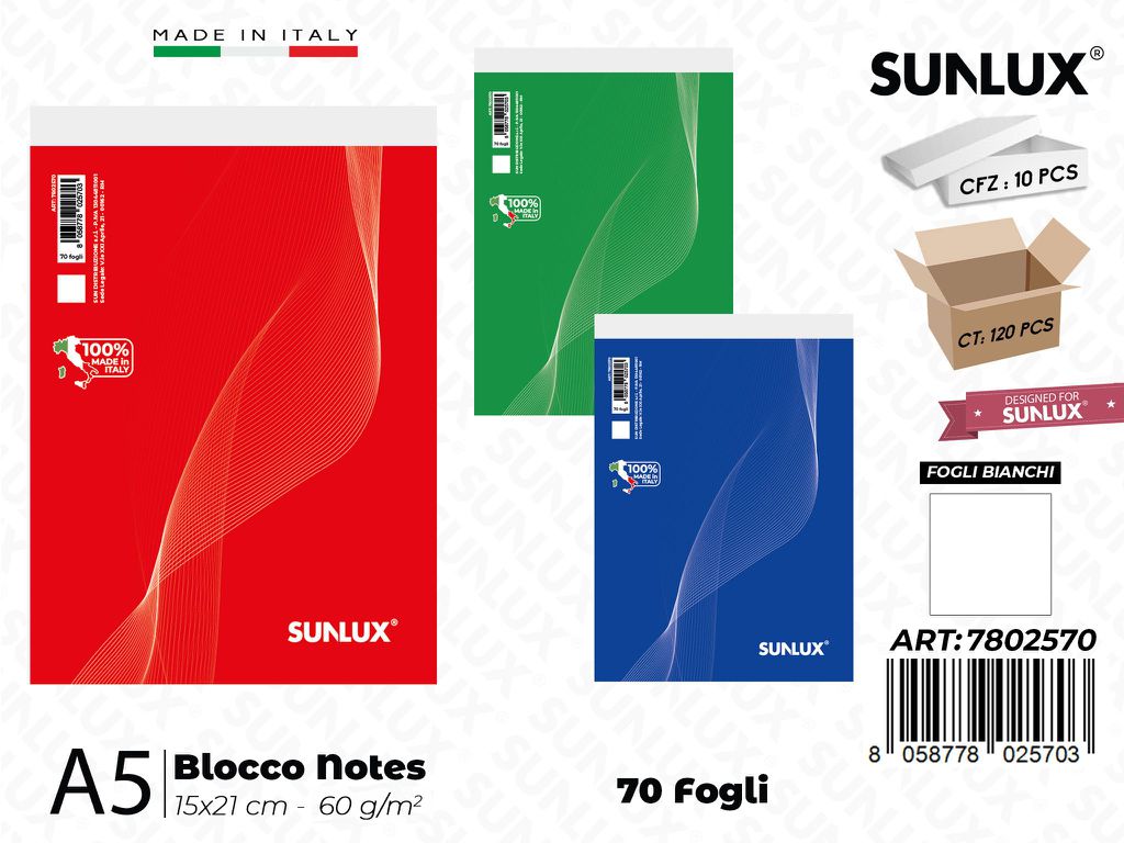 Bi Sunlux Blocco Notes A5 15*21CM 70FF 60GR