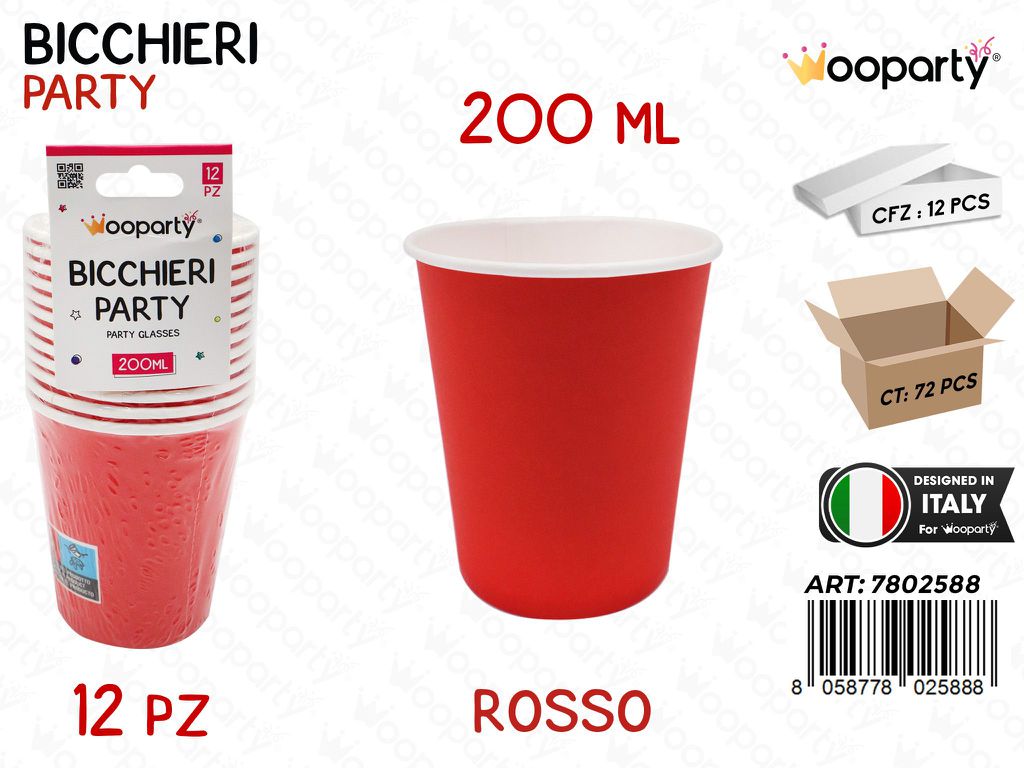 BICCHIERI CARTA MONOUSO ROSSO 12PCS 200ML