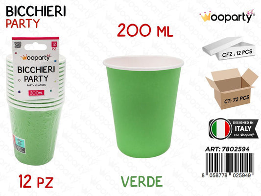 BICCHIERI CARTA MONOUSO VERDE 12PCS 200ML
