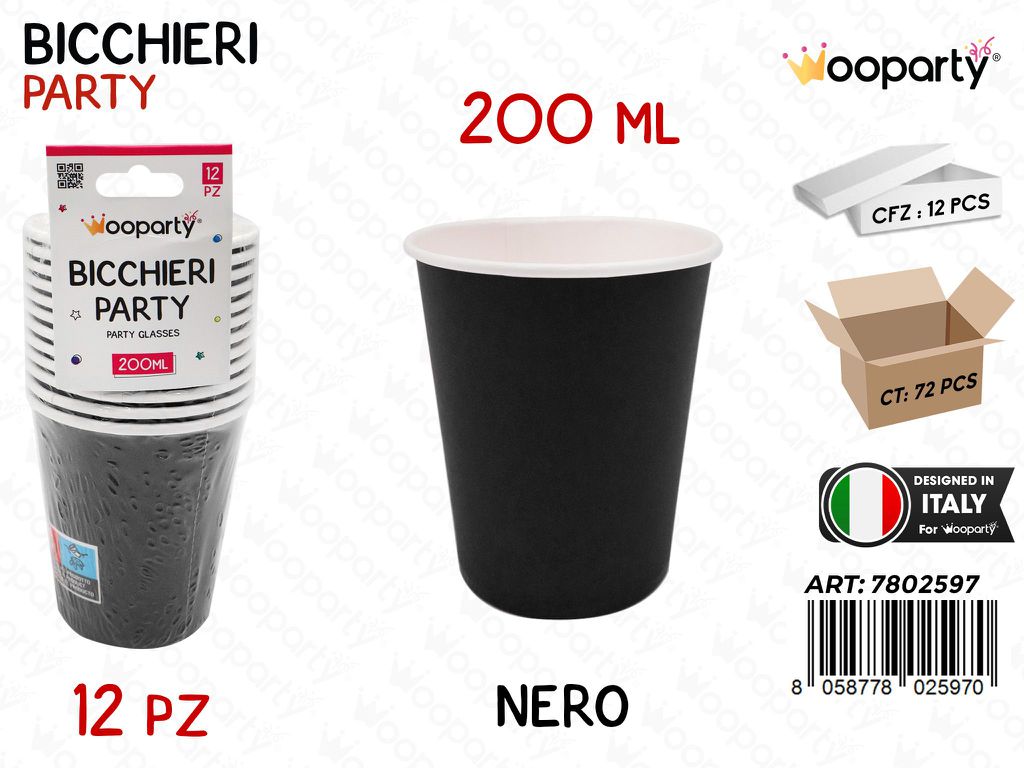 BICCHIERI CARTA MONOUSO NERO 12PCS 200ML