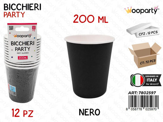 BICCHIERI CARTA MONOUSO NERO 12PCS 200ML