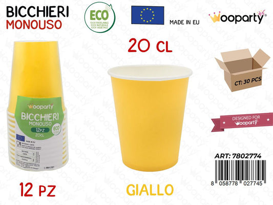 BICCHIERI CARTA MONOUSO GIALLO CAN. 20CL 12PCS /PZ DA 30**