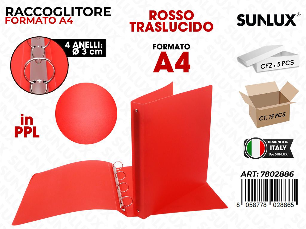 Raccoglitore 4ANELLI Pp Rosso Trasl. A4 D.3CM
