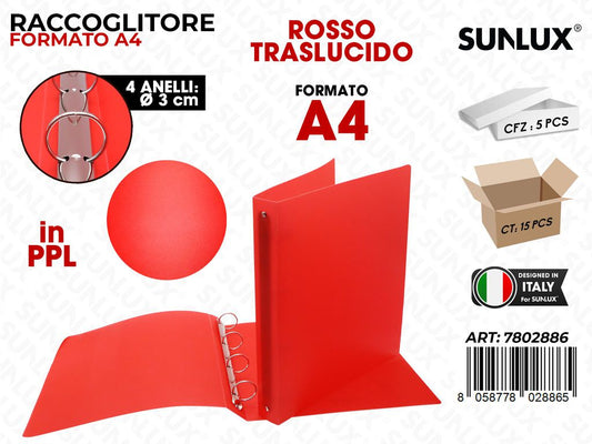 Raccoglitore 4ANELLI Pp Rosso Trasl. A4 D.3CM