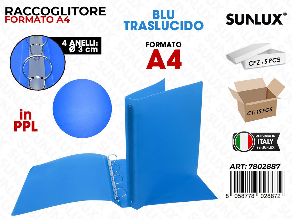 Raccoglitore 4ANELLI Pp Blu Trasl. A4 D.3CM
