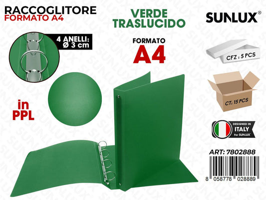 Raccoglitore 4ANELLI Pp Verde Trasl. A4 D.3CM