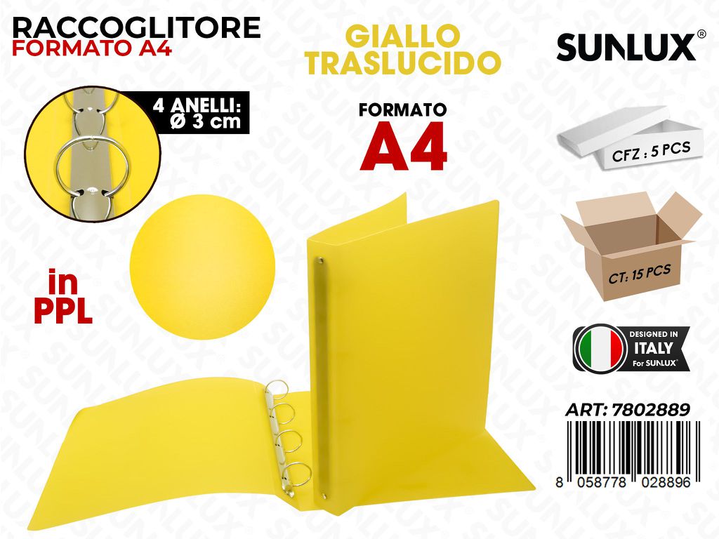 Raccoglitore 4ANELLI Pp Giallo Trasl. A4 D.3CM