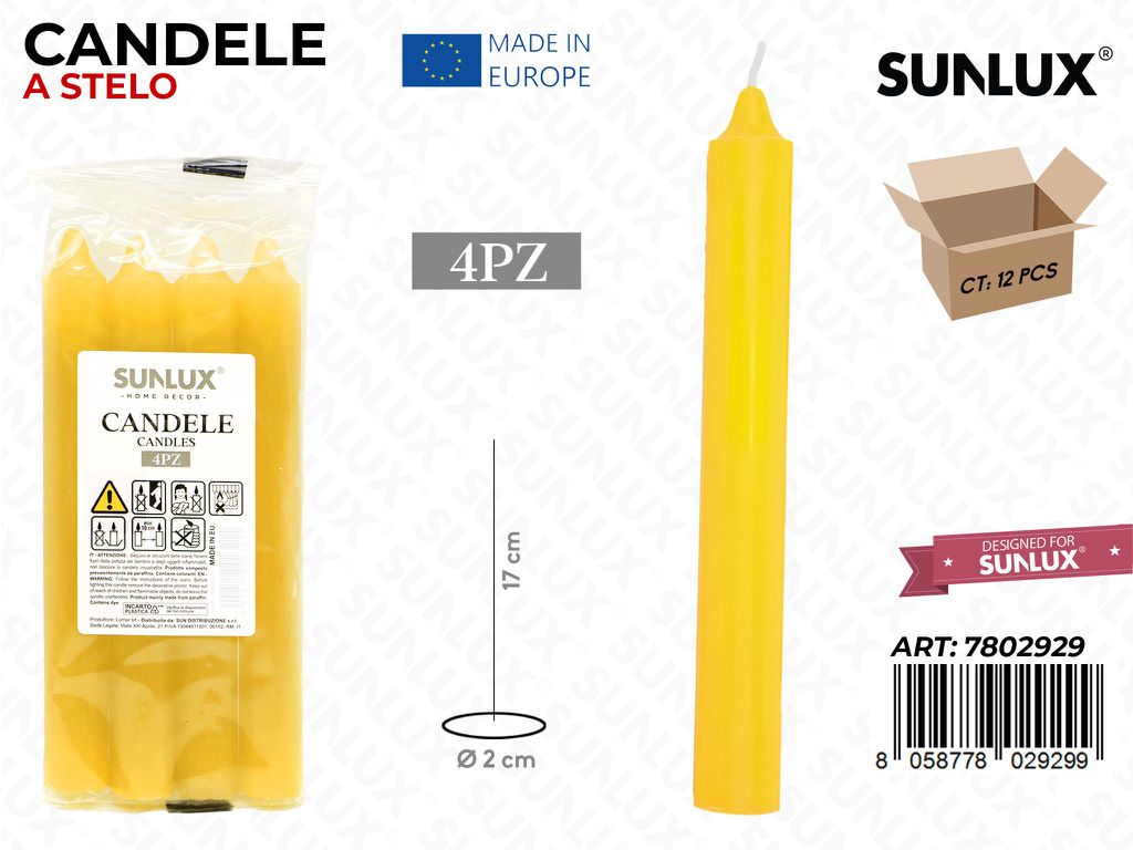 Candele Stelo Senza Profumo Giallo 4PCS 17CM