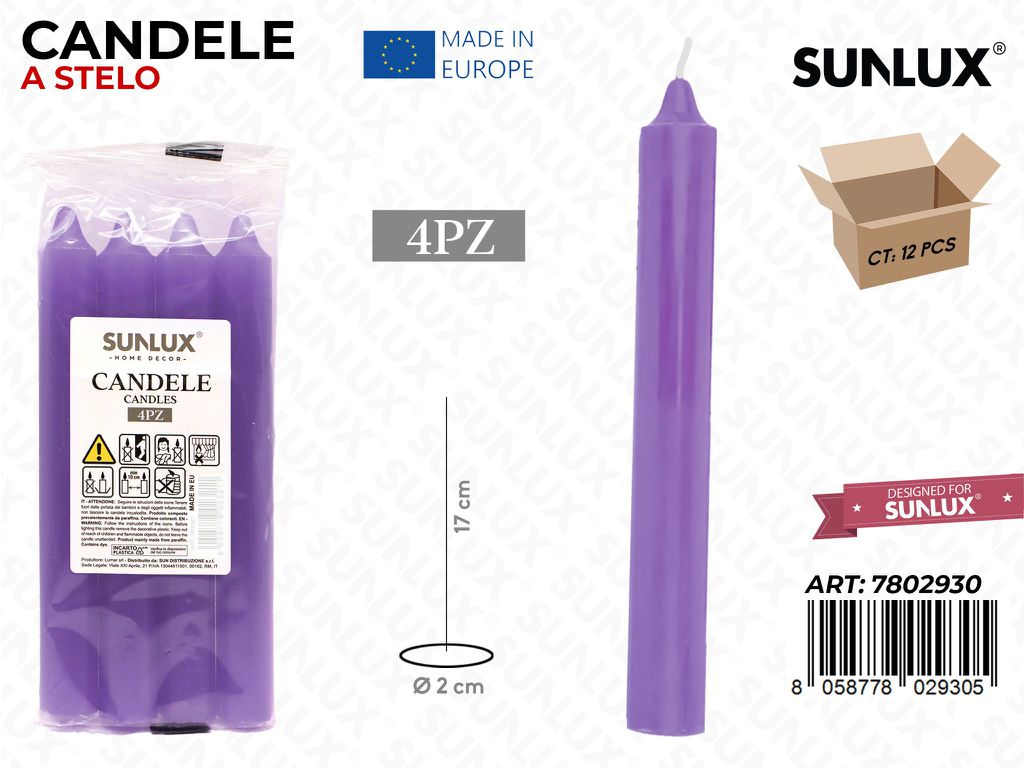 Candele Stelo Senza Profumo Viola 4PCS 17CM