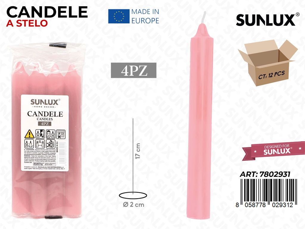 Candele Stelo Senza Profumo Rosa 4PCS 17CM