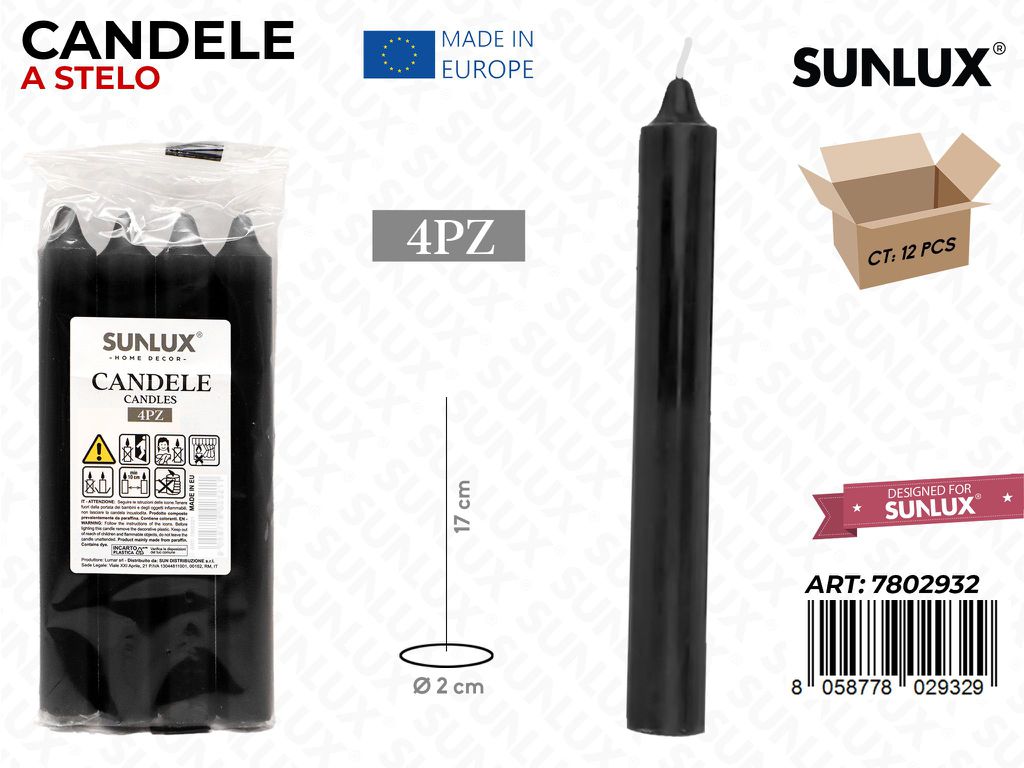 Candele Stelo Senza Profumo Nero 4PCS 17CM